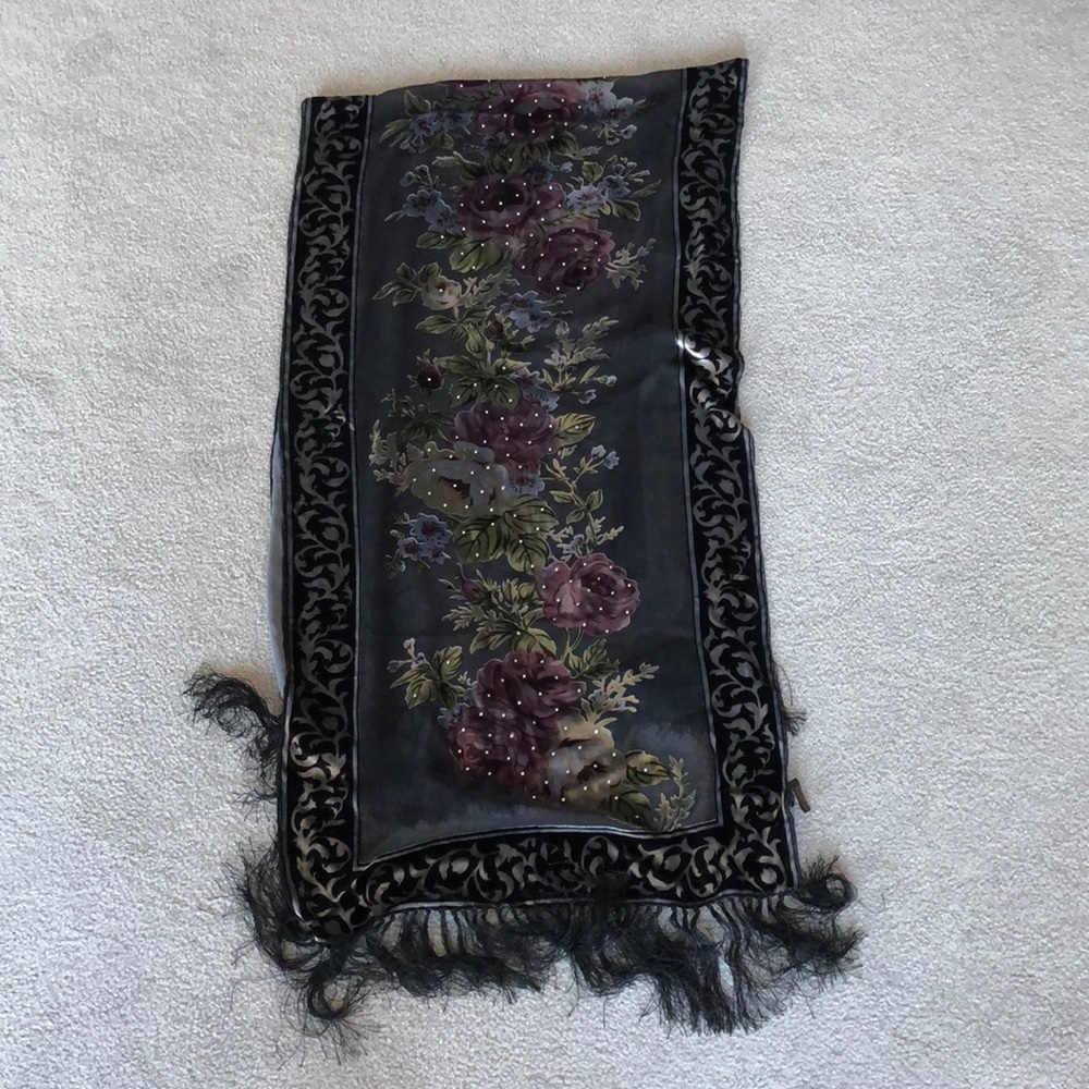 Velvet and rayon with fringe scarf and Swarovski